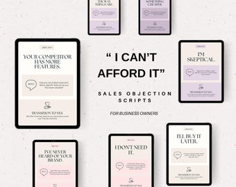 May include: A set of eight digital download cards with pink and white backgrounds. Each card features a different sales objection, such as "I can't afford it" or "I'm skeptical." The cards also include a "reply" section and a "transition to yes" section.