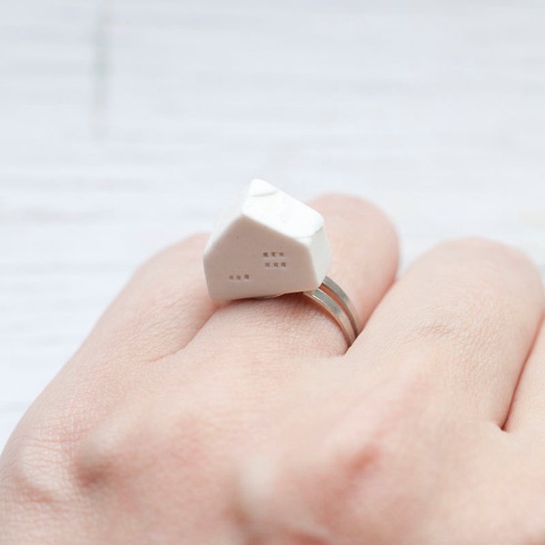 White Handmade Ceramic House Ring . Adjustable . Summer . ONLY 1 LEFT