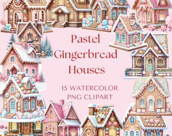 Pastel Gingerbread House Clipart Bundle | Commercial Use | Gingerbread PNG | Watercolor Clipart | Christmas Clipart | Candy PNG Clipart