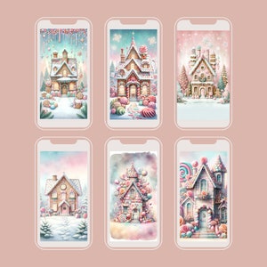 Whimsical Christmas village houses phone wallpapers with pastel gingerbread houses and twinkling lights