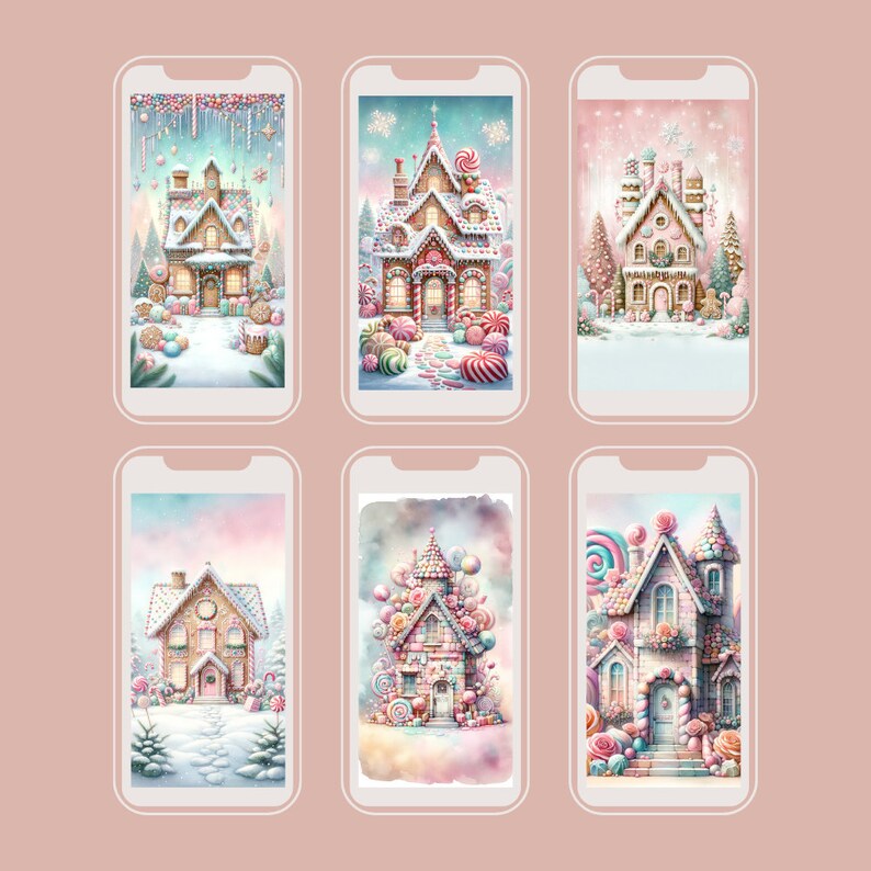 Whimsical Christmas village houses phone wallpapers with pastel gingerbread houses and twinkling lights