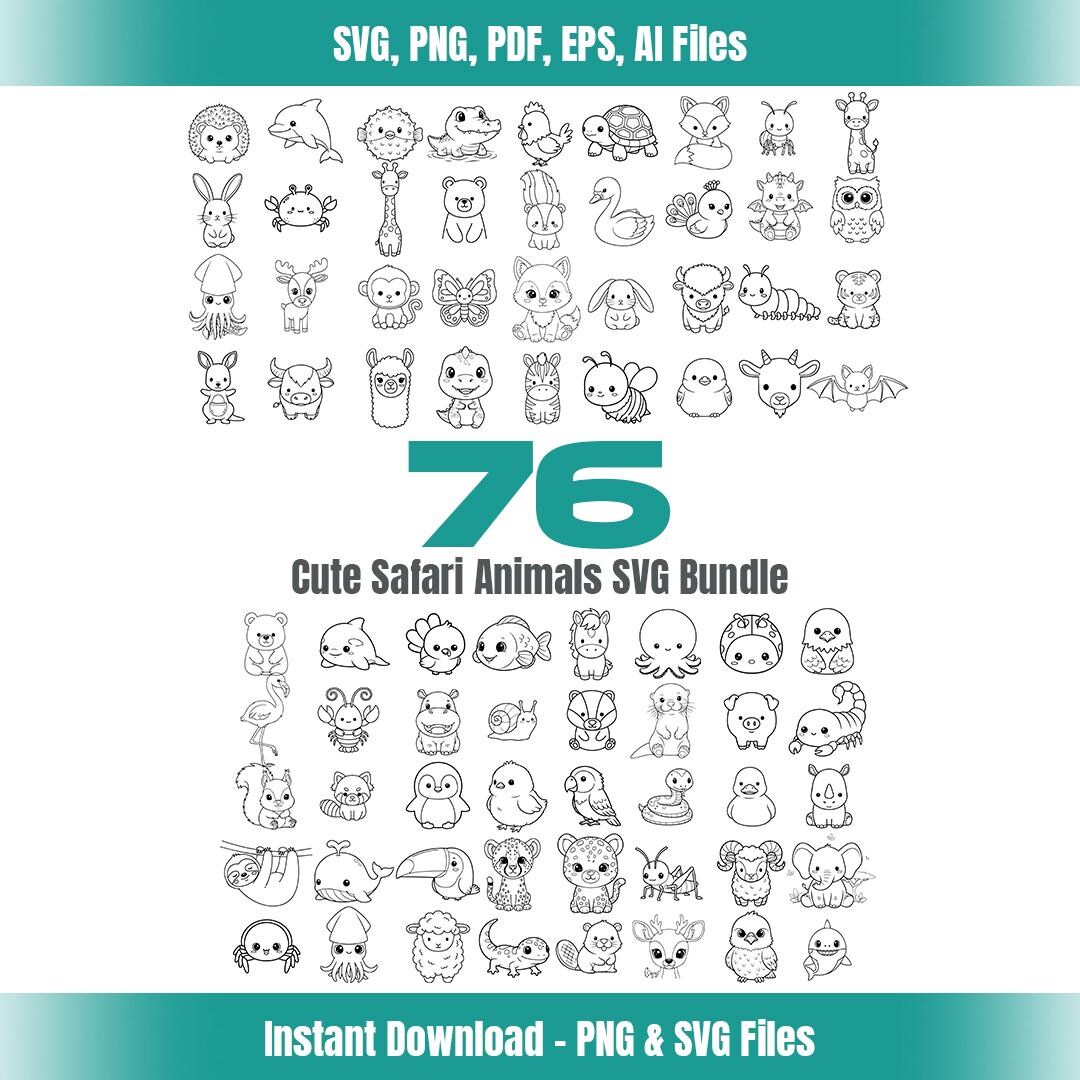 76 Cute Baby Safari Animals SVG Bundle, Kawaii Jungle Animal Clipart ...