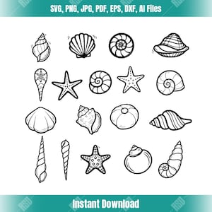 May include: Black and white line art illustrations of various seashells and starfish. The image includes different types of shells, spiral shells, and starfish. Text at the top reads "SVG, PNG, JPG, PDF, EPS, DXF, AI Files" and "Instant Download" at the bottom.
