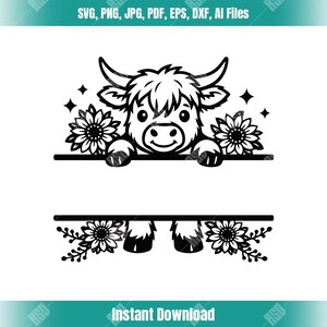 May include: Black and white digital design featuring a Highland cow with sunflowers and stars. The cow is peeking over a horizontal line, with another line below. Text at the top says "SVG, PNG, JPG, PDF, EPS, DXF, AI Files".