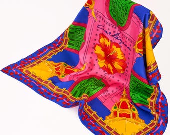 Hand-illustrated Mulberry Silk Scarf – Cartagena Heritage Print (90x90 cm)
