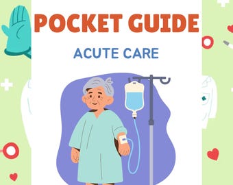 May include: A pocket guide titled "OT/OTA Pocket Guide Acute Care" shows an illustration of an elderly patient in a hospital gown receiving an IV drip. The background is light green with medical-themed graphics. The author's name is Diane Piccolino, COTA/L.