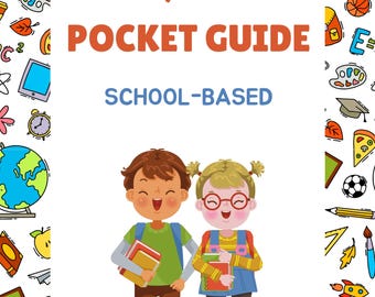 May include: A book cover titled "OT/OTA Pocket Guide School-Based". The design includes illustrations of school items and two smiling children with books. The author's name is also visible.