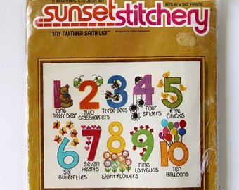 Sunset Crewel Embroidery Kit My Number Sampler Kit 2614 Chris Danvenport Ladybugs Insects Hearts RARE