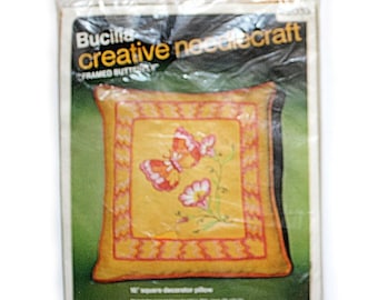 Bucilla Crewel Embroidery Kit Framed Butterfly Pillow Kit 2033 70's