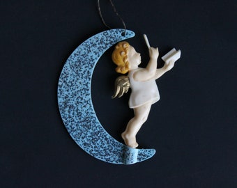 VINTAGE HONG KONG BLUE ANGEL SITTING ON MOON HOLDING A STAR ORNAMENT