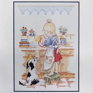 DMC Counted Cross Stitch Kit In The Kitchen #K4405 Made In Paris Doing the Dishes with Puppy Companion Scene