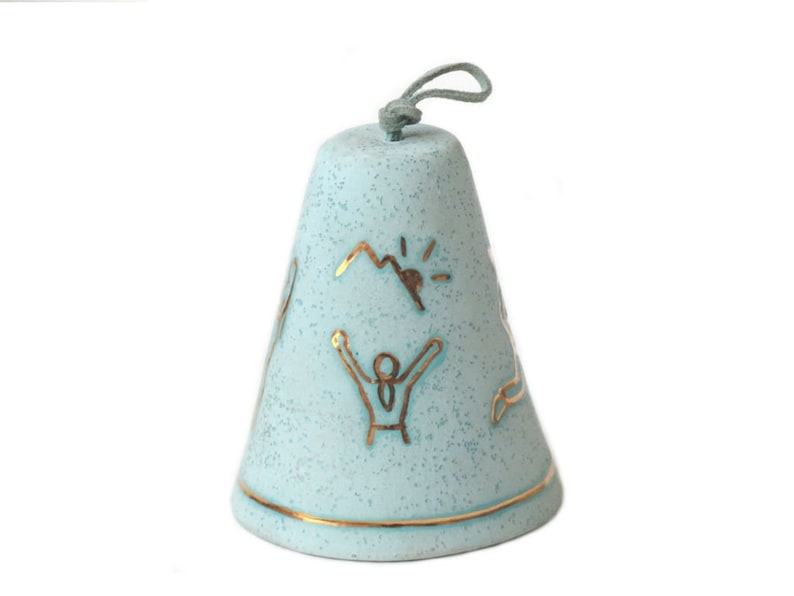 Southwestern Hanging Bell Clay Native American Enamel Gold Gilt Symbols Magic Bell Turquoise Blue