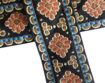 Vintage Jacquard Woven 2" Trim 70's Orange  Turquoise Black Yellow Gold Brown NOS