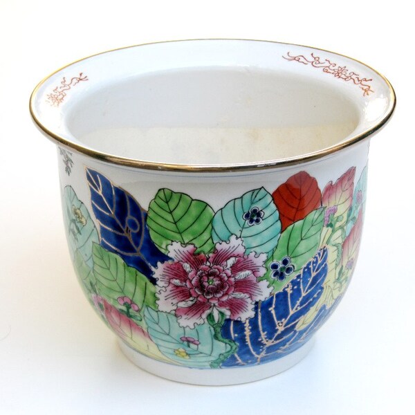 Vintage Oriental Asian Ceramic Planter Peony Leaves