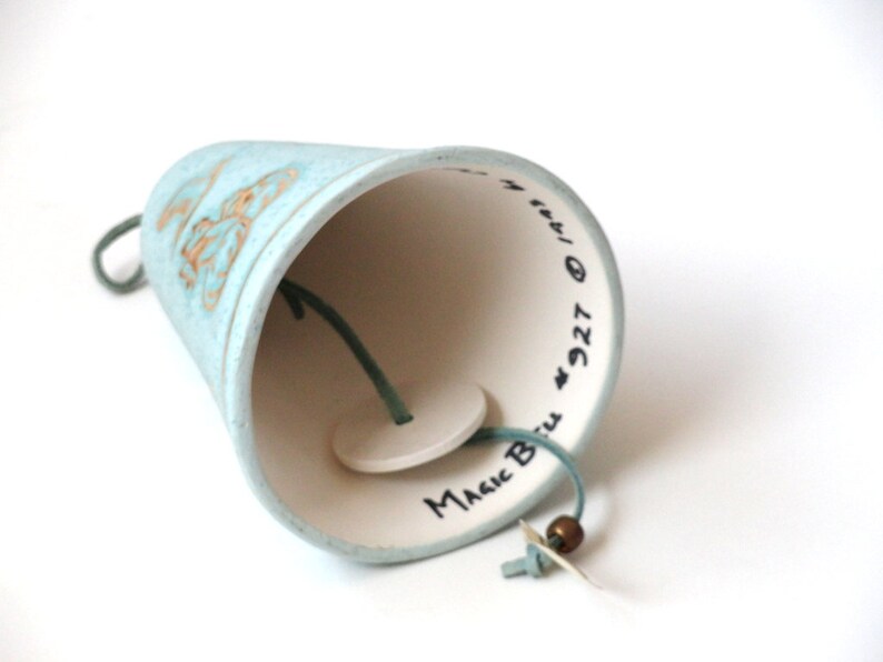 Southwestern Hanging Bell Clay Native American Enamel Gold Gilt Symbols Magic Bell Turquoise Blue