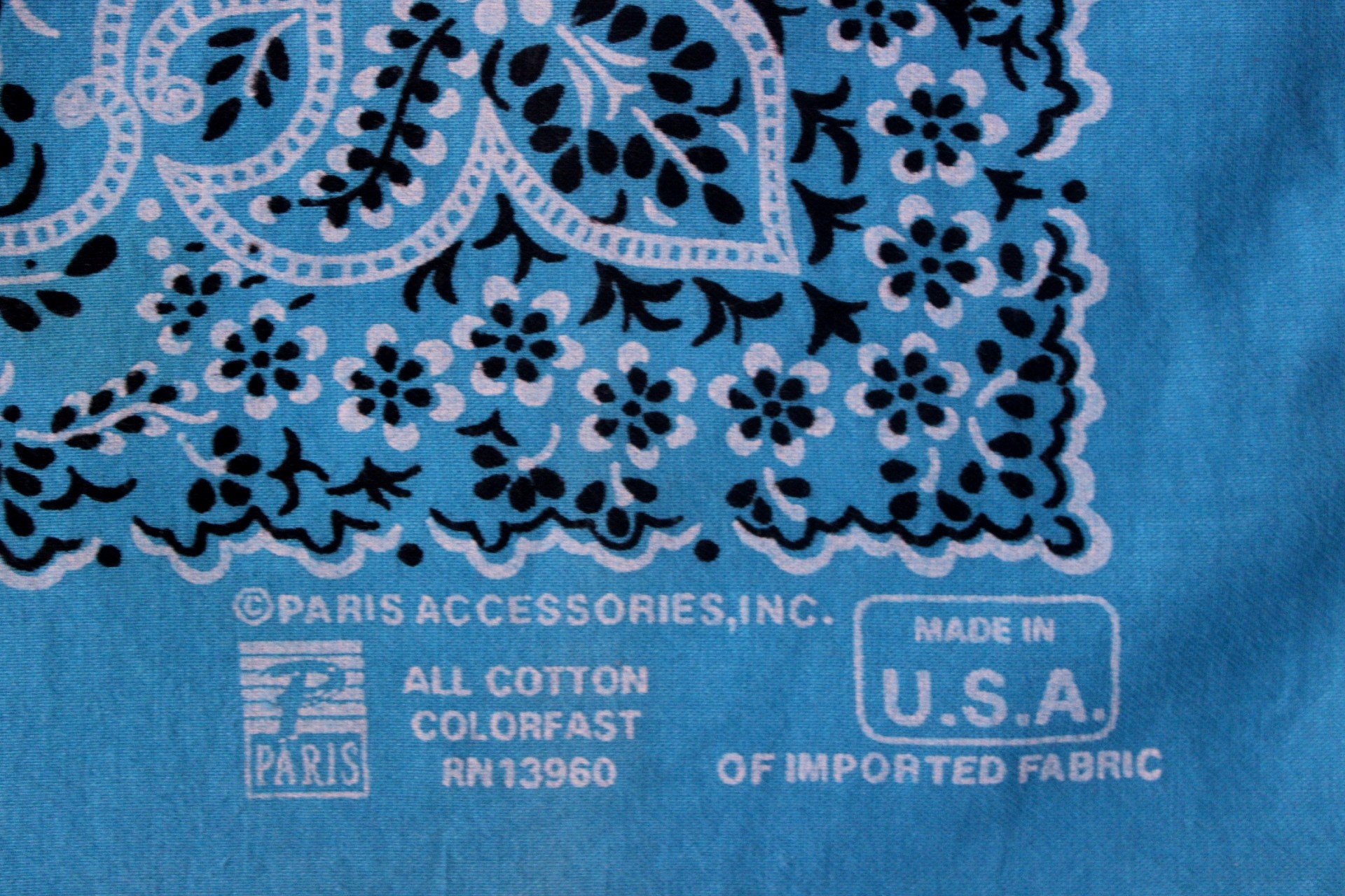 Paris Accessories , Inc. Vintage Paisley Turquoise White Black All Cotton  Bandana Handkerchief Biker Made in USA 