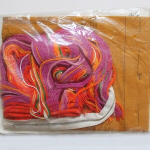 May include: A craft kit in a clear plastic package. The kit contains a bundle of colorful embroidery floss in shades of orange, red, purple, and green. The floss is on top of a tan fabric with a zipper closure.