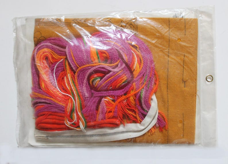 May include: A craft kit in a clear plastic package. The kit contains a bundle of colorful embroidery floss in shades of orange, red, purple, and green. The floss is on top of a tan fabric with a zipper closure.