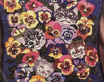 Candamar Needlepoint Kit Tapestry Pansies and Cats 30874 Pillow or Wall Picture 1997