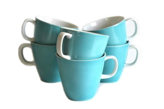 Sango Porcelain Cups Set of 6 Turquoise and White D Handle Made in Japan