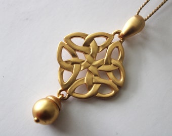 Vintage Anne Klein Celtic Knot Burnished Brushed Faux Gold Long Necklace Baubles