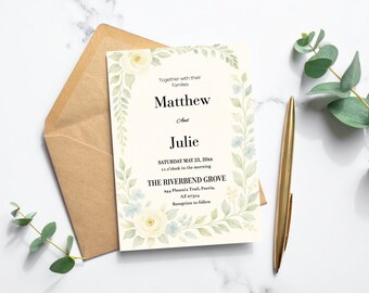 Sage Green Wedding Invitation Set, Printable Invitation Suite, French Roses Botanical Wedding, Vintage Floral Invitation Template