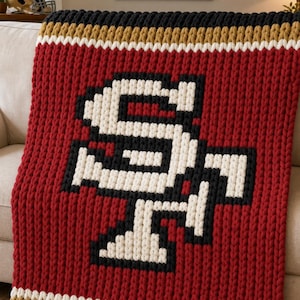 Puede incluir: Manta de punto roja, negra, blanca y dorada con el logotipo de los 49ers de San Francisco. La manta está sobre un sofá beige. Un letrero enmarcado con el logotipo del equipo y el texto "49ERS" es visible.