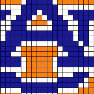 Może przedstawiać: Wzorzysty wz&oacute;r pikseli z powtarzającym się wzorem kwadrat&oacute;w w kolorze pomarańczowym, niebieskim i białym. Wz&oacute;r składa się z siatki małych kwadrat&oacute;w, tworząc geometryczny i abstrakcyjny efekt wizualny.
