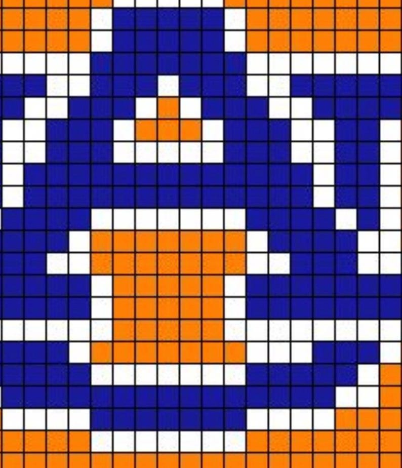 Może przedstawiać: Wzorzysty wz&oacute;r pikseli z powtarzającym się wzorem kwadrat&oacute;w w kolorze pomarańczowym, niebieskim i białym. Wz&oacute;r składa się z siatki małych kwadrat&oacute;w, tworząc geometryczny i abstrakcyjny efekt wizualny.