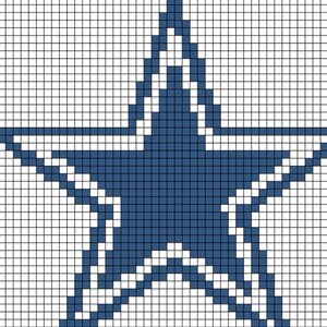 Op de afbeelding: Een gepixelde afbeelding van een grote blauwe ster met witte contouren op een witte rasterachtergrond. De ster heeft vijf punten en een gedetailleerd ontwerp, dat lijkt op een teamlogo of embleem.