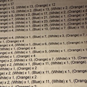Może przedstawiać: Zbliżenie zadrukowanej strony z rzędami tekstu. Tekst zawiera liczby i oznaczenia kolor&oacute;w, takie jak biały, pomarańczowy i niebieski. Tekst wydaje się być listą lub zestawem instrukcji.