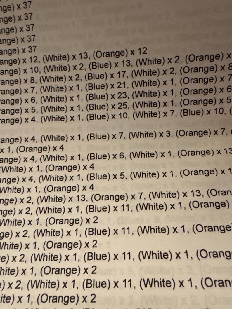 Może przedstawiać: Zbliżenie zadrukowanej strony z rzędami tekstu. Tekst zawiera liczby i oznaczenia kolor&oacute;w, takie jak biały, pomarańczowy i niebieski. Tekst wydaje się być listą lub zestawem instrukcji.