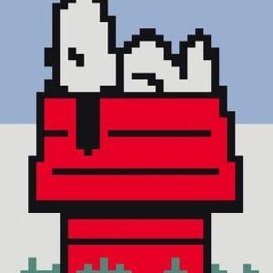 May include: Pixelated illustration of Snoopy sleeping on top of his red doghouse. The doghouse is red with black trim, and Snoopy is white with black accents. The background is light blue and green.