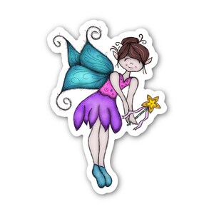 May include: A sticker featuring a whimsical fairy illustration. The fairy has teal wings, a purple skirt, and a pink top. She holds a star-shaped wand with a pink ribbon. Her hair is brown, and she wears blue shoes.