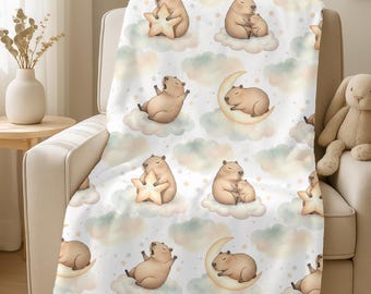 Capybara Cozy Plush Blanket, Watercolor Celestial Nursery Throw, Capybara Bedding for Kids Animal Lovers, Gift for Capybara Lovers