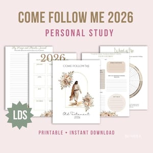 Pode incluir: Um conjunto de materiais de estudo imprimíveis com o texto "COME FOLLOW ME 2026 PERSONAL STUDY". A imagem central apresenta uma figura caminhando em direção a uma luz, rodeada por elementos florais. As palavras "Old Testament 2026" também são visíveis.