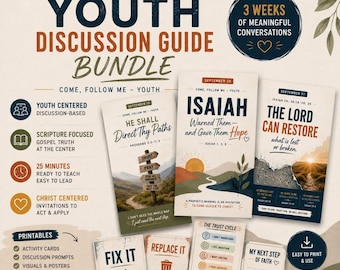 May include: A 25-minute youth discussion guide bundle featuring three vertical lesson cards titled He Shall Direct Thy Paths, Isaiah, and The Lord Can Restore. Includes printable activity cards, discussion prompts, and posters with text.