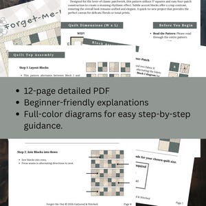 May include: A 12-page PDF quilt pattern titled Forget-Me-Not, featuring instructions for a four-patch quilt design. The document includes full-color diagrams, step-by-step assembly guidance, block layout illustrations, and a beginner skill level label.