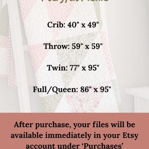 May include: A patchwork quilt in pink, white, and green, with the text "Playful Picnic". Sizes are listed: Crib (101.6cm x 124.5cm), Throw (149.9cm x 149.9cm), Twin (195.6cm x 241.3cm), and Full/Queen (218.4cm x 241.3cm).