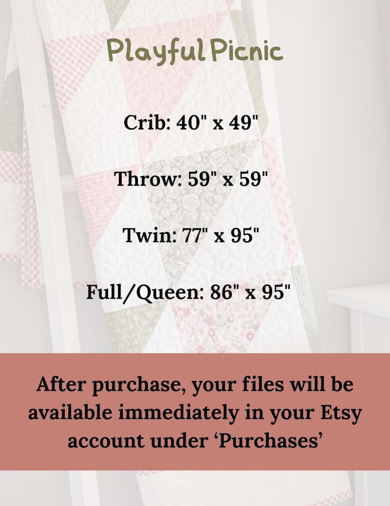 May include: A patchwork quilt in pink, white, and green, with the text "Playful Picnic". Sizes are listed: Crib (101.6cm x 124.5cm), Throw (149.9cm x 149.9cm), Twin (195.6cm x 241.3cm), and Full/Queen (218.4cm x 241.3cm).