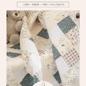 May include: A patchwork quilt featuring squares with floral, botanical, and brown plaid patterns in cream, sage green, and tan. The text FORGET-ME-NOT, CRIB, THROW, TWIN, FULL/QUEEN, GATHERED & STITCHED, and MW-003 are visible on the image.