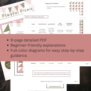 May include: A detailed PDF pattern for a quilt top assembly, titled "Playful Picnic." The document includes fabric requirements, diagrams, and beginner-friendly explanations. The skill level is beginner.