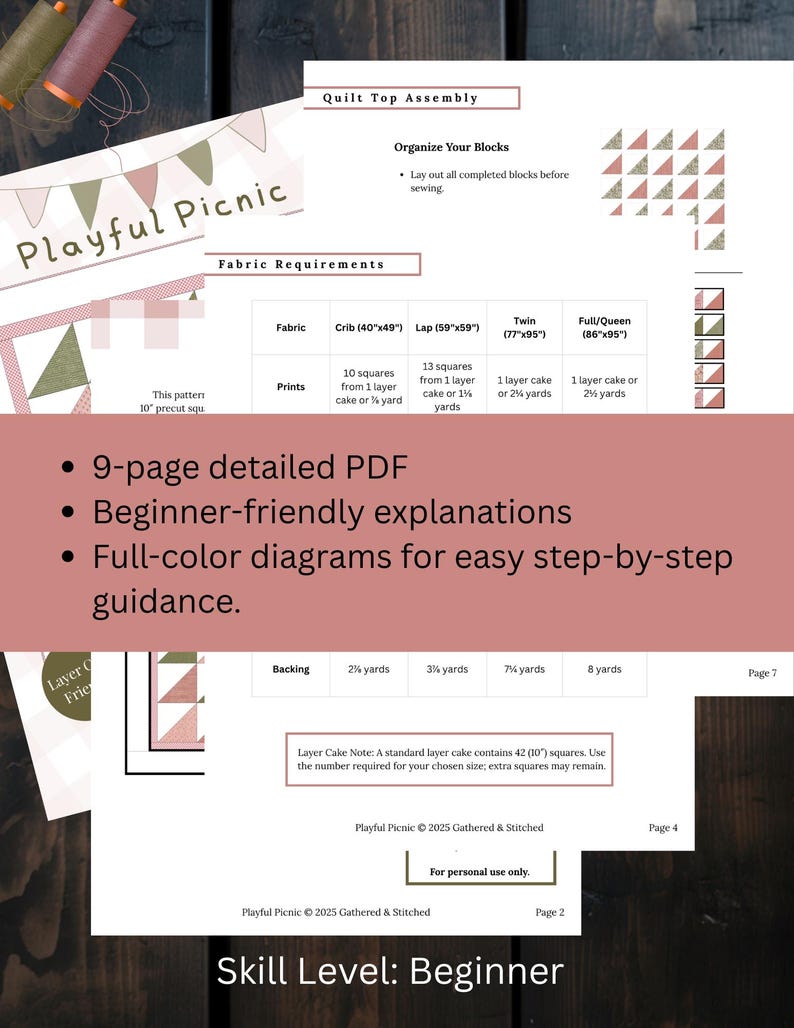 May include: A detailed PDF pattern for a quilt top assembly, titled "Playful Picnic." The document includes fabric requirements, diagrams, and beginner-friendly explanations. The skill level is beginner.