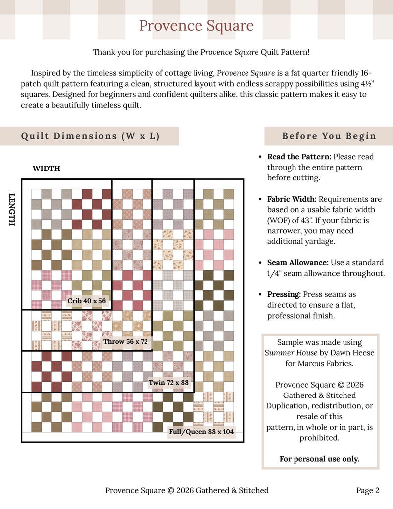 Provence Square: 16 Patch Quilt Pattern PDF- Precut Friendly Design - 4 ...