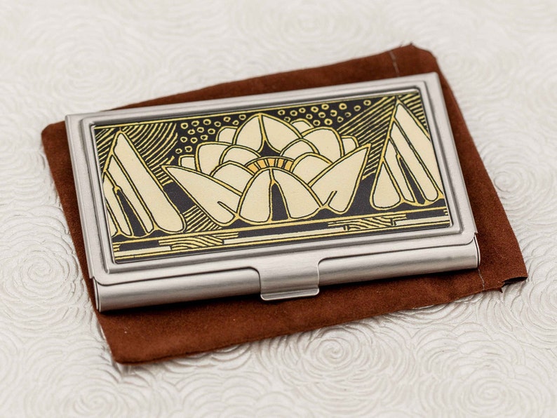 Black Lily Business Card Case Art Deco Black and Gold Lily Vintage Style Credit Card Holder Business Card Holder ID Card Wallet image 1