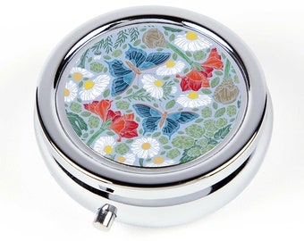 Butterfly Oasis Vintage Design Pill Box - Travel Pill Organizer with Butterflies and Flowers - Ring Box - Retro Pill Case