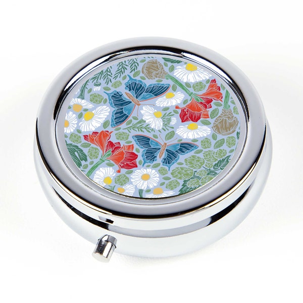 Butterfly Oasis Vintage Design Pill Box - Travel Pill Organizer with Butterflies and Flowers - Ring Box - Retro Pill Case