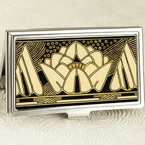 Black Lily Business Card Case Art Deco Black and Gold Lily Vintage Style Credit Card Holder Business Card Holder ID Card Wallet image 2