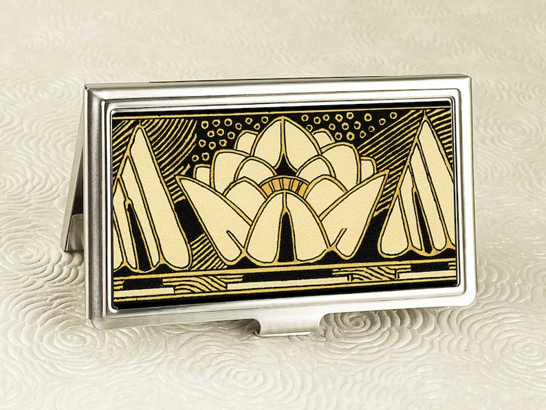 Black Lily Business Card Case Art Deco Black and Gold Lily Vintage Style Credit Card Holder Business Card Holder ID Card Wallet image 2