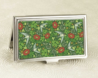 Garden Swallows Business Card Holder with personalization -  Victorian Style Business Card Case, Card Wallet - Vintage Floral ID Holder